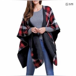 Woolrich Women's Shawl One Size Red/ Black Plaid Cape Wrap Poncho Reversible.